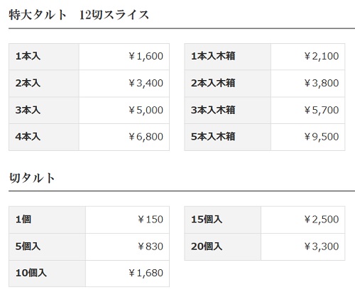 六時屋タルトの値段